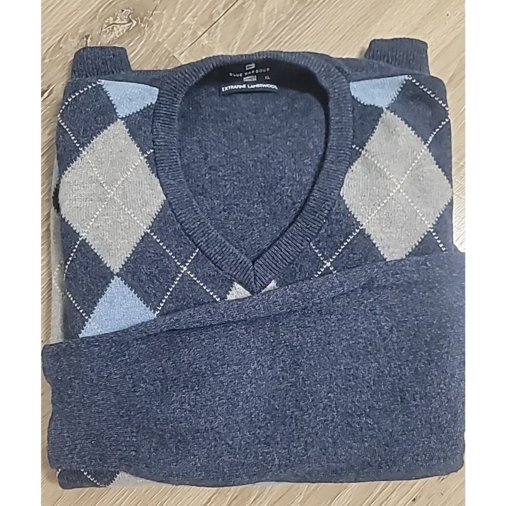 Men's Wool Sweater XL Marks & Spencer Blue Harbour  Navy Argyle Lambswool Jumper